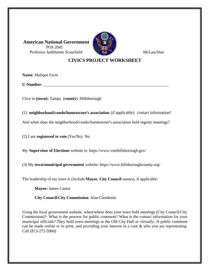 Worksheet for Civics Project