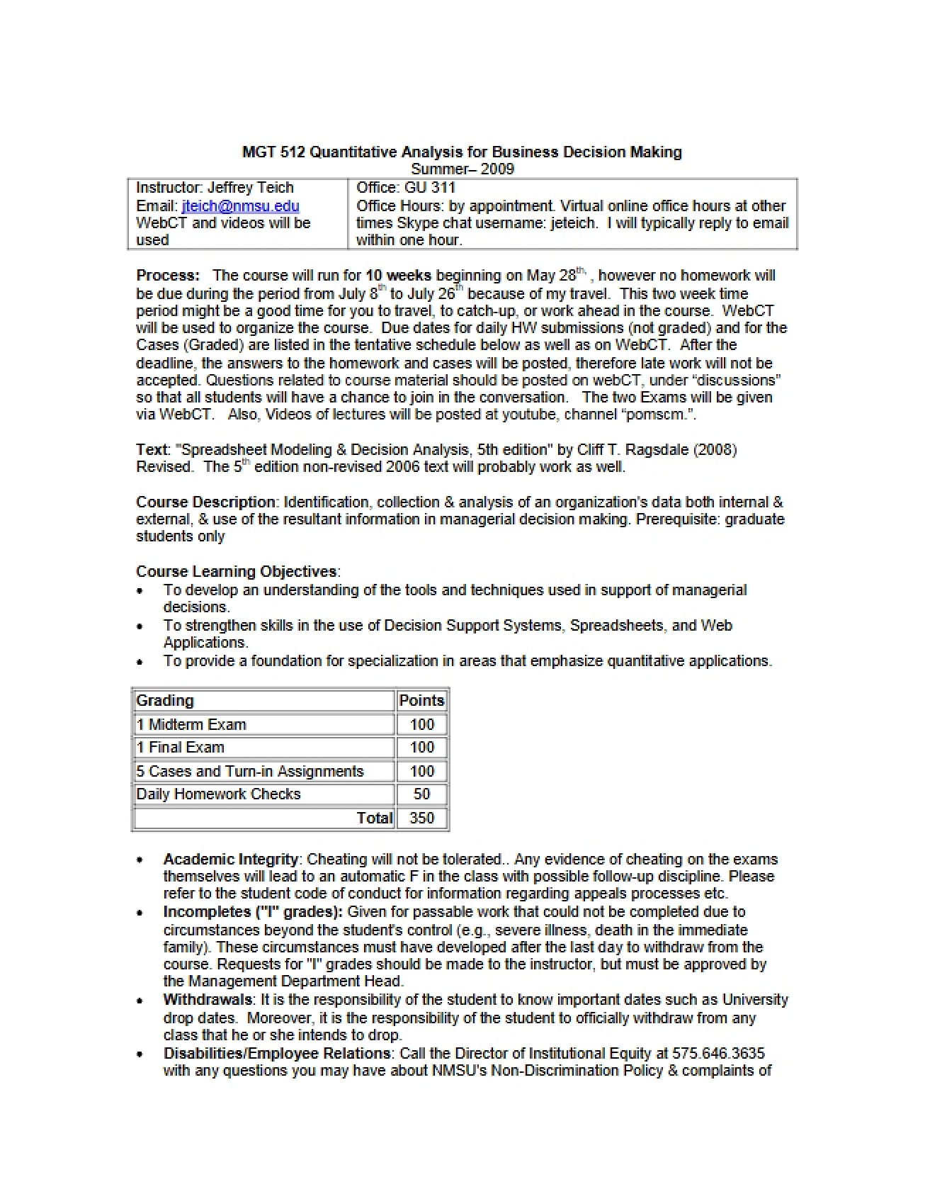 Quantitative Analysis for Business Decision Making (WSMR) Syllabus - Summer 2009 - Teich