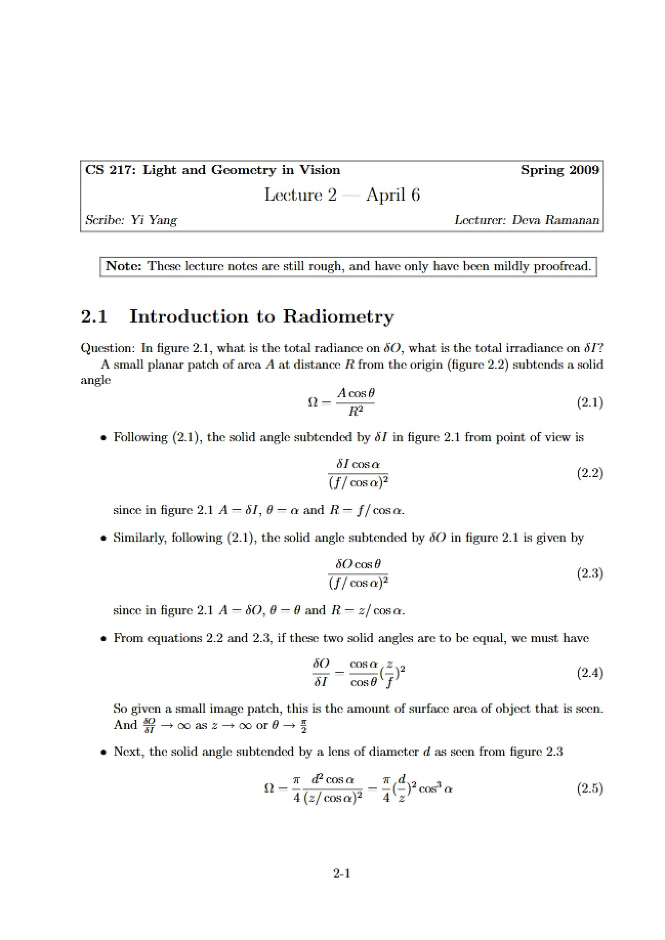 Vision and Geometry Class Notes