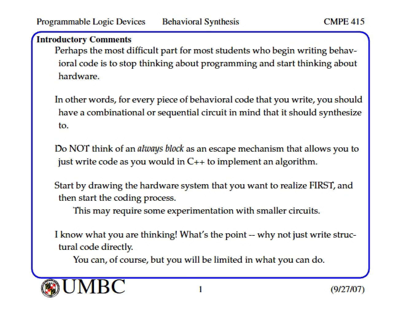 Synthesis of Behavioral Logic