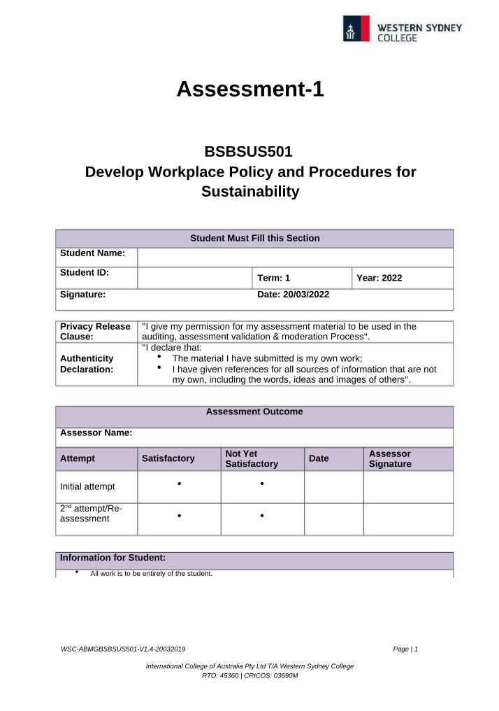 Policy and Procedures for Workplace Sustainability