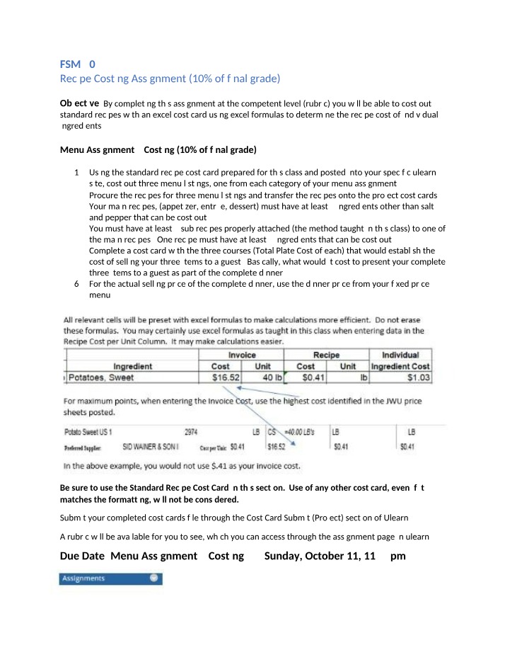 Cost Card Assignment for FSM 2045