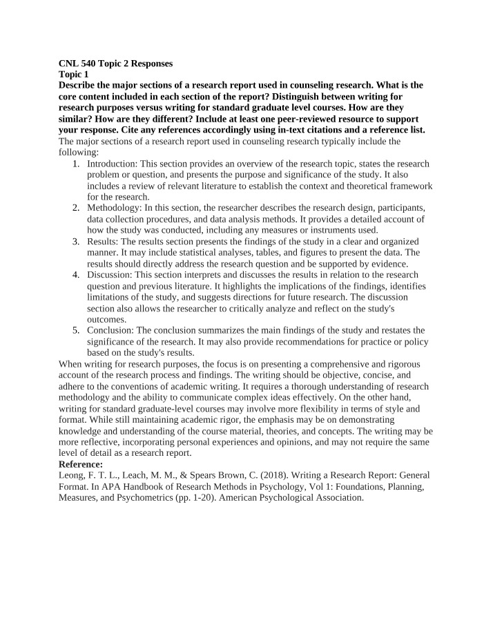 Major Sections of a Counseling Research Report