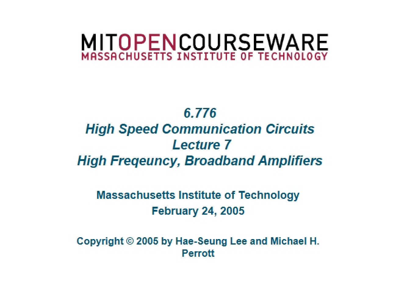 Class Notes for High Speed Comm Circuits