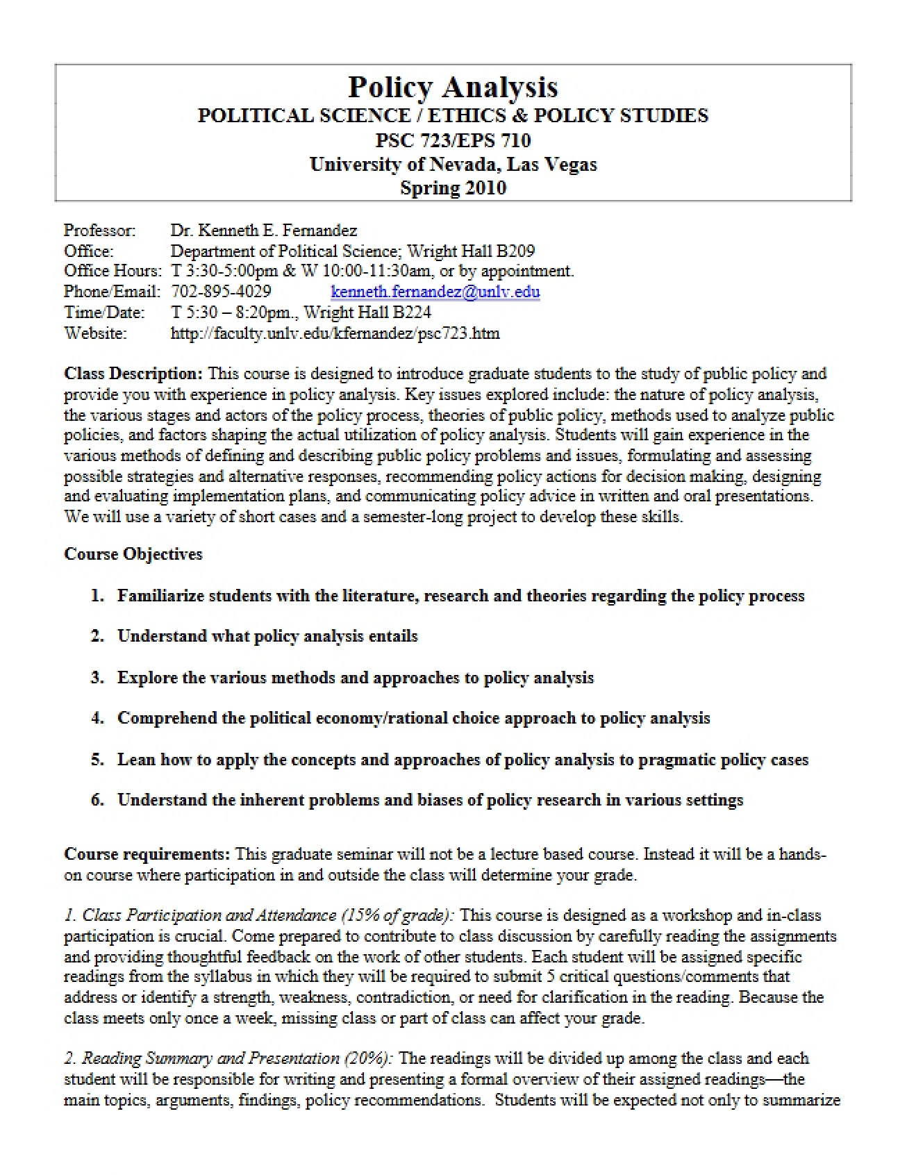 Policy Analysis Seminar Syllabus
