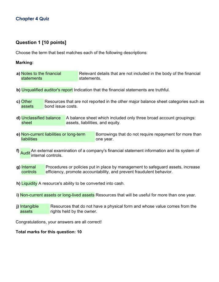 Classified Balance Sheet and Related Disclosures - Chapter 4 Quiz