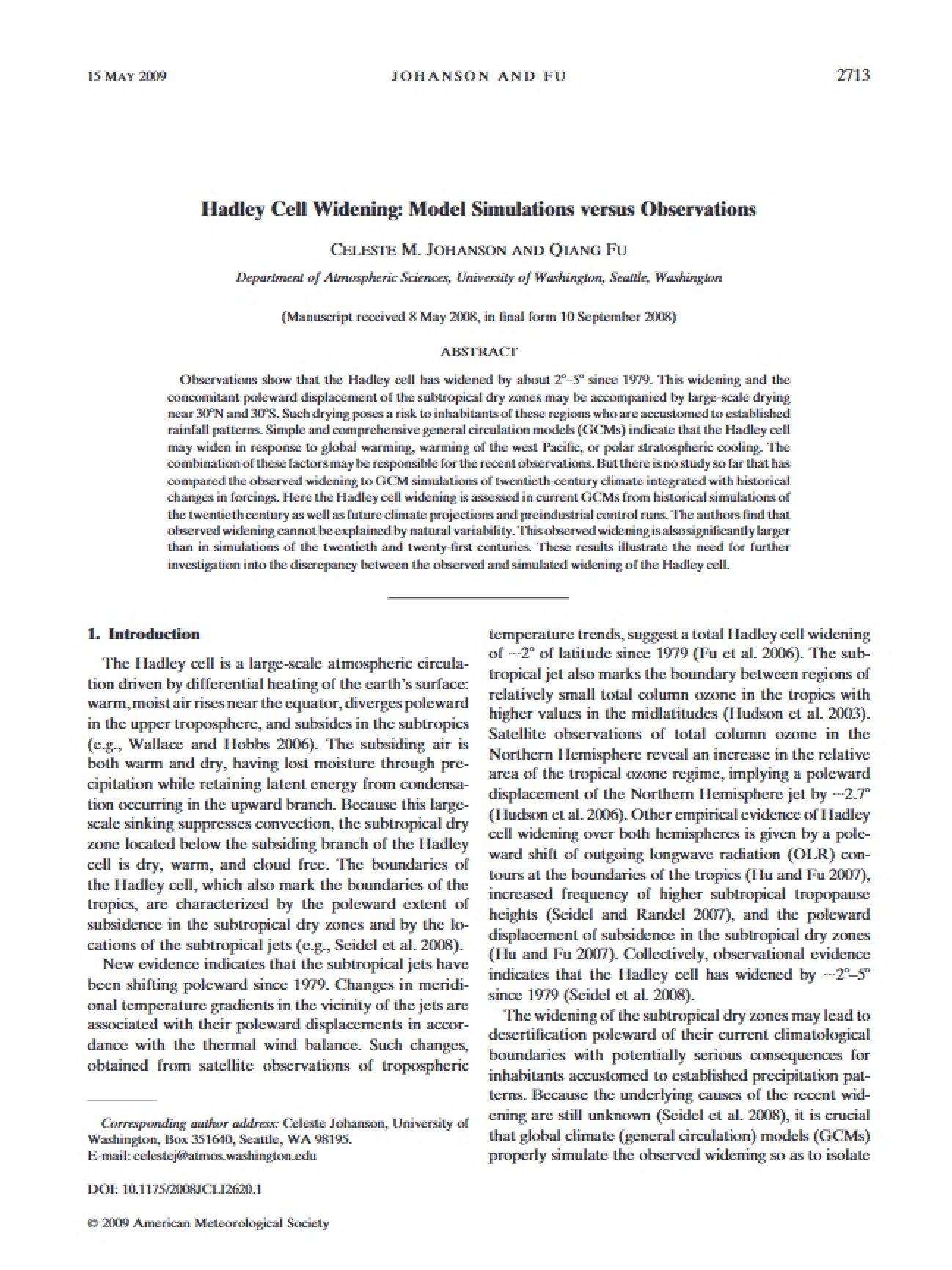 Model vs. Observed Hadley Cell Widening