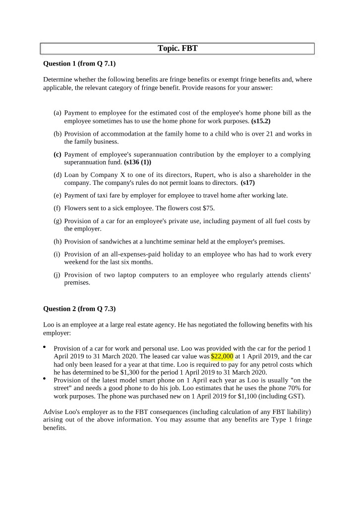 Questions and Analysis of Fringe and Exempt Benefits