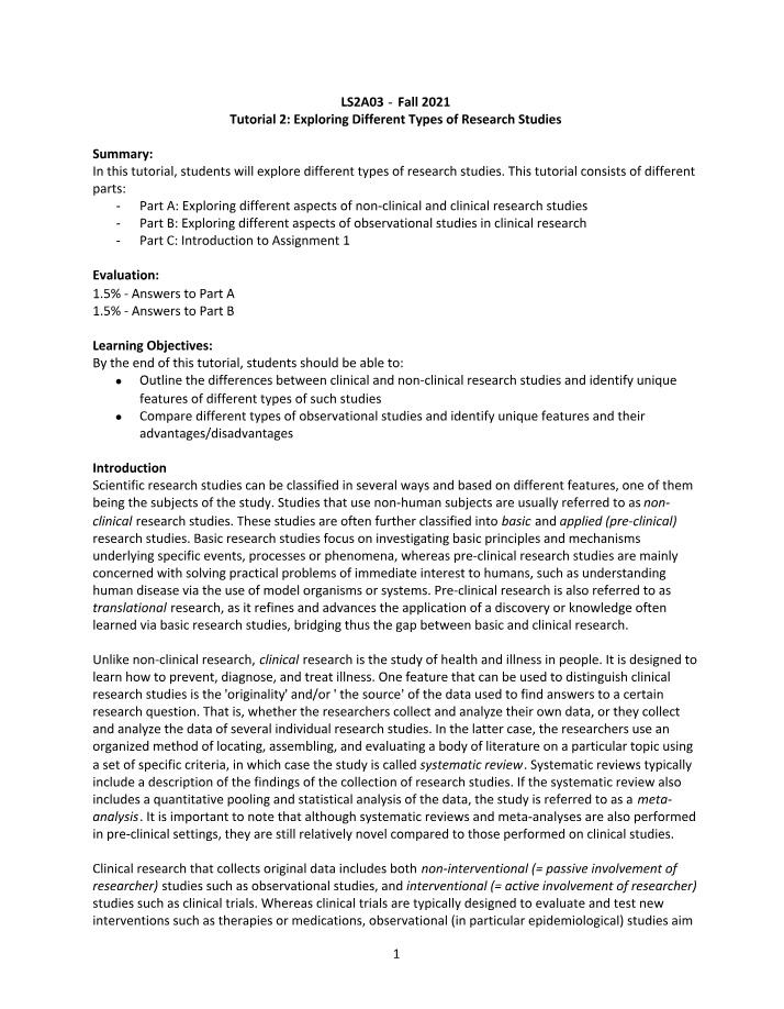Tutorial 2 - Different Types of Research Studies