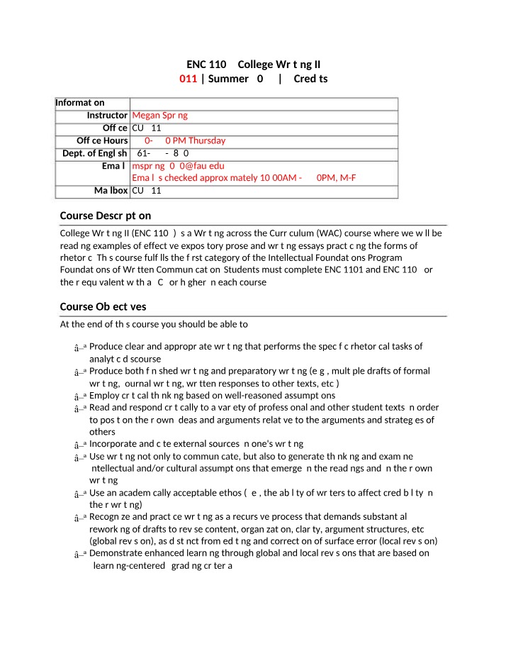 ENC 1102 College Writing II - Syllabus and Course Information