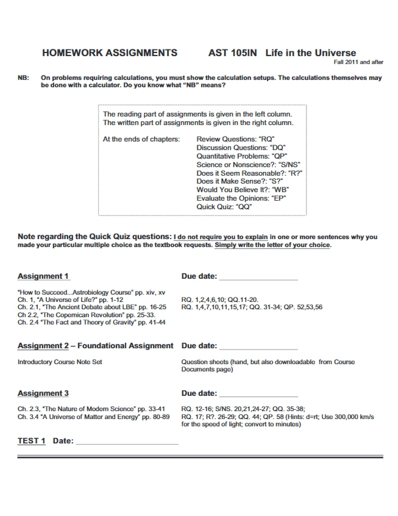 Assignments for Homework in Life in the Universe