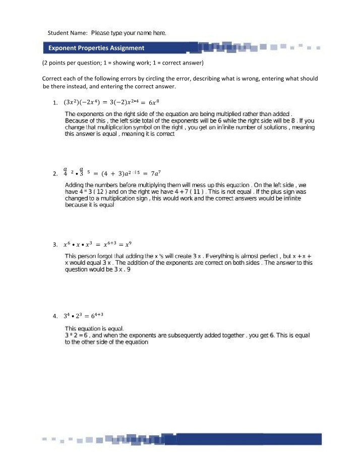Assignment on Exponent Properties
