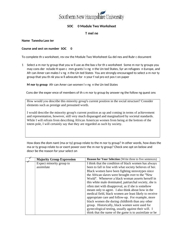 Module Two Worksheet for SOC 330