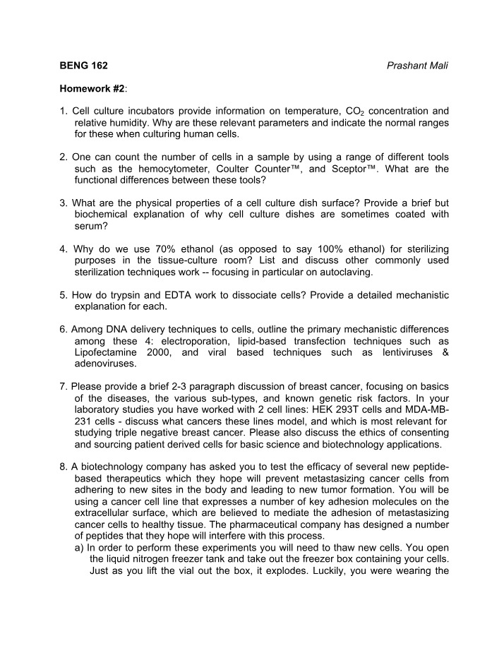 Cell Culture Parameters and Tools - BENG 162 Homework 2