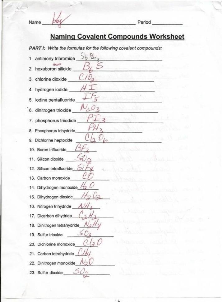 Worksheet Key - Naming Covalent Compounds