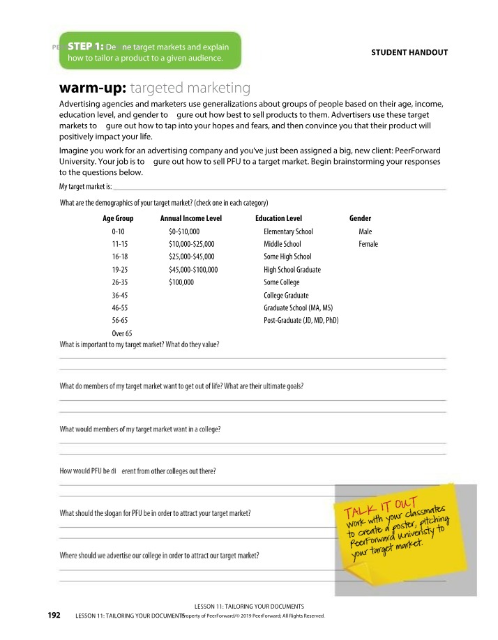 Student Handout - Tailoring Products to Targeted Markets