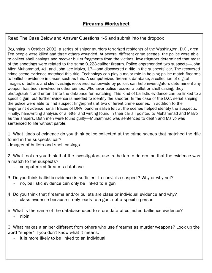 Worksheet on Firearms