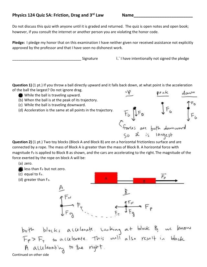 Friction, Drag, and 3rd Law - Physics 124 Quiz 5A