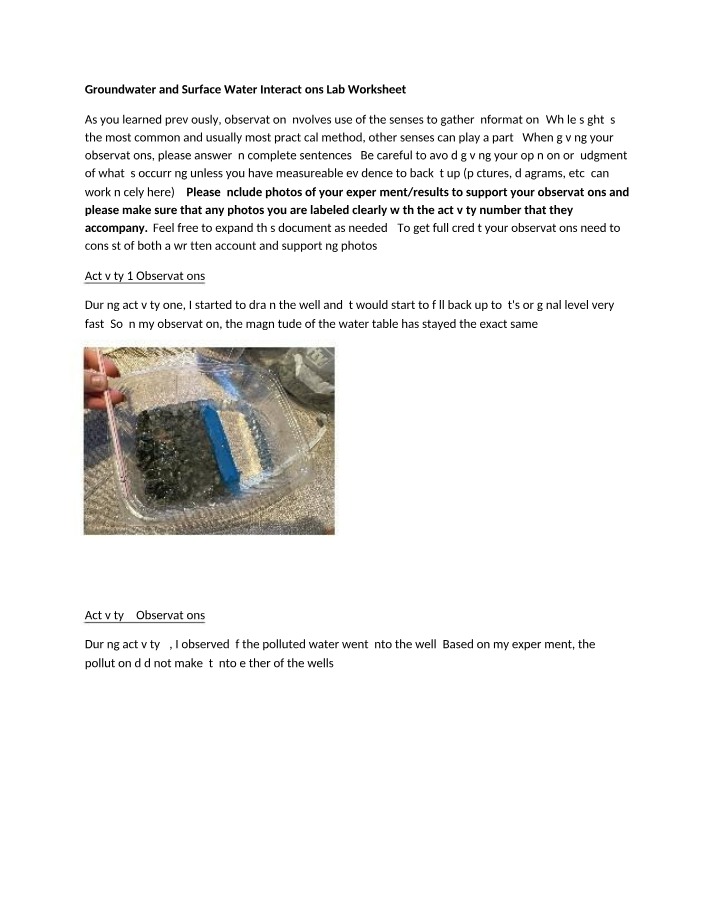 Groundwater and Surface Water Interactions - Lab Worksheet