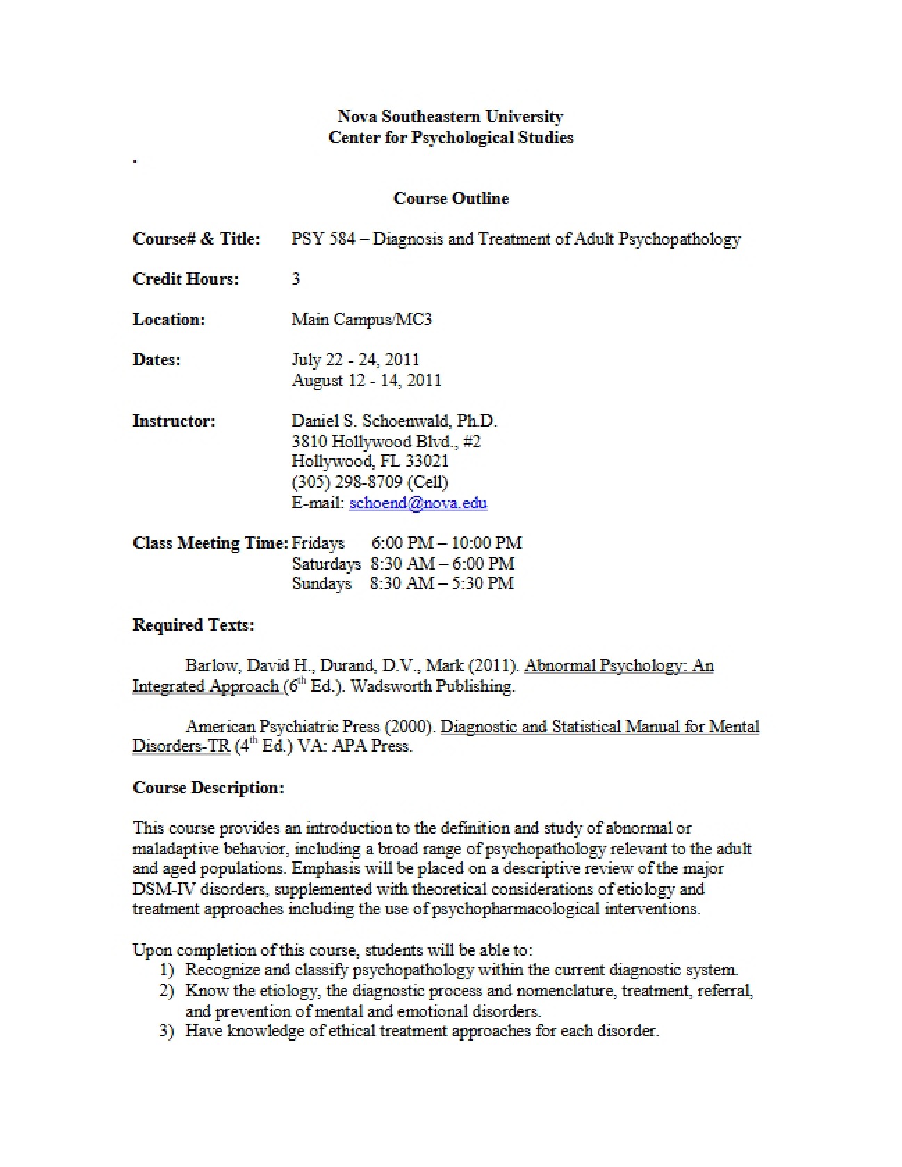 Adult Psychopathology Diagnosis Outline
