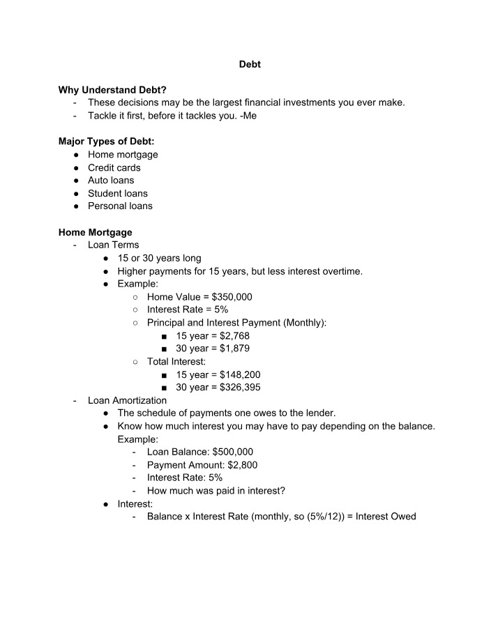 FINA 260 Notes on Debt