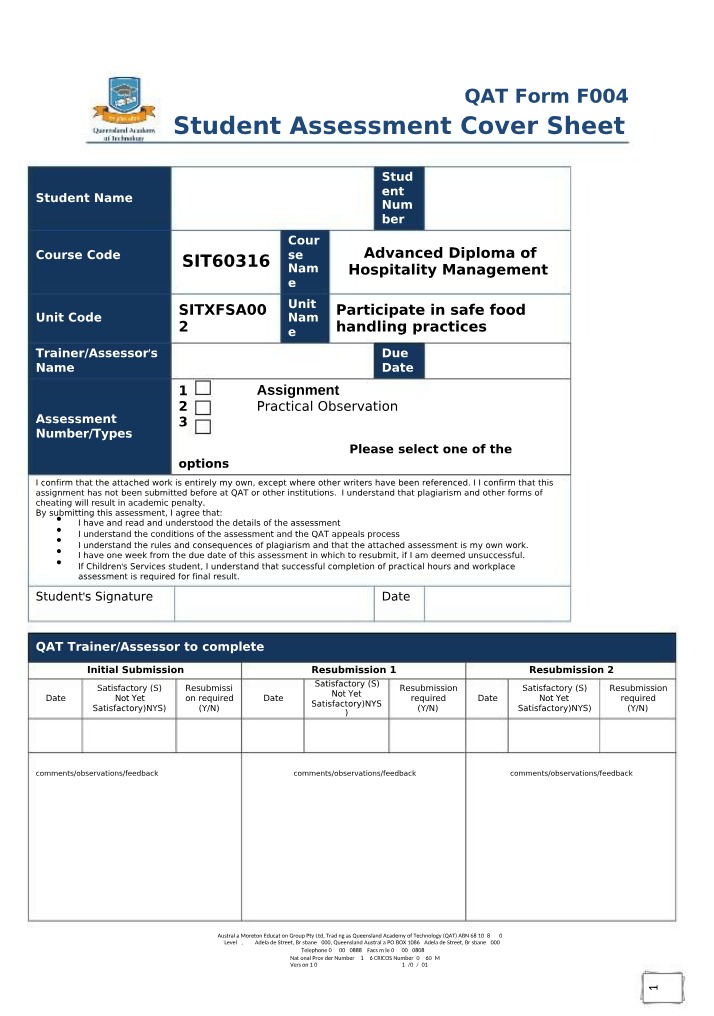 Safe Food Handling Practices Assessment 1