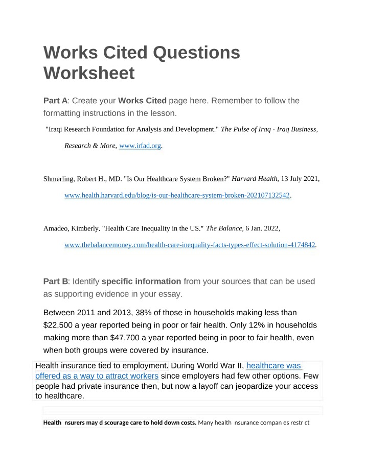 Worksheet for Works Cited Questions