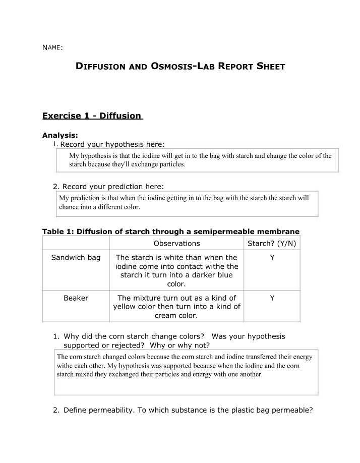 Lab Report on Diffusion and Osmosis