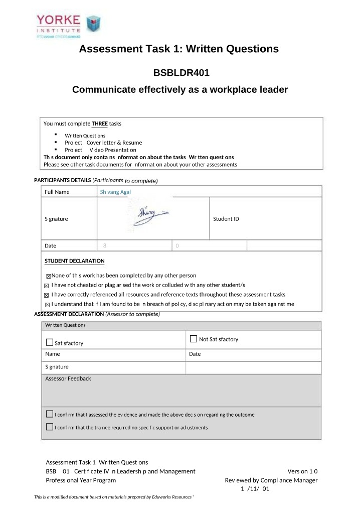 Written Questions - Assessment Task 1