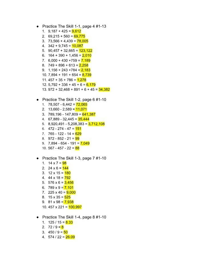 Whole Number Addition Practice Problems - Skill 1-1