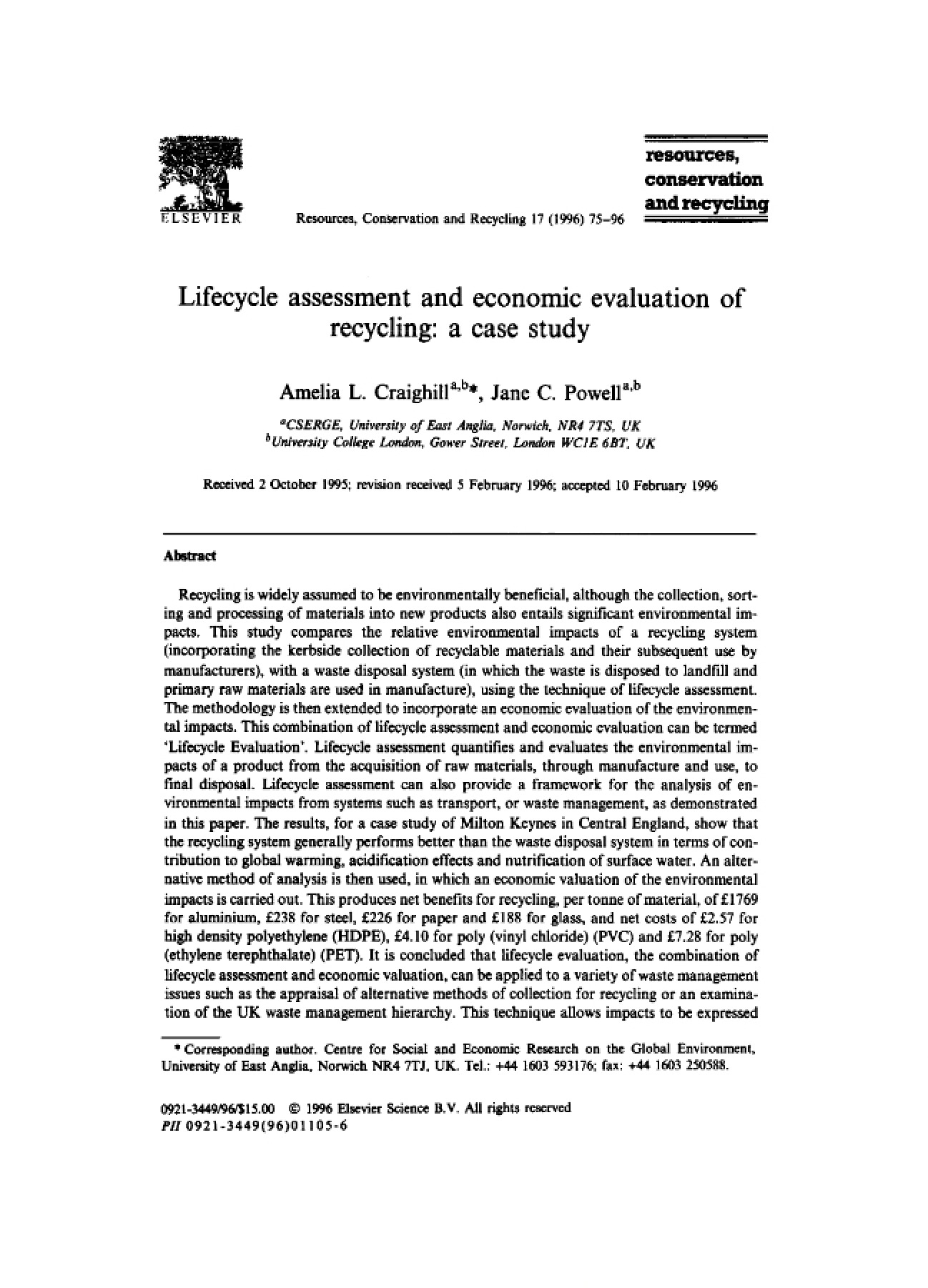Recycling: Economic Evaluation and Lifecycle Assessment