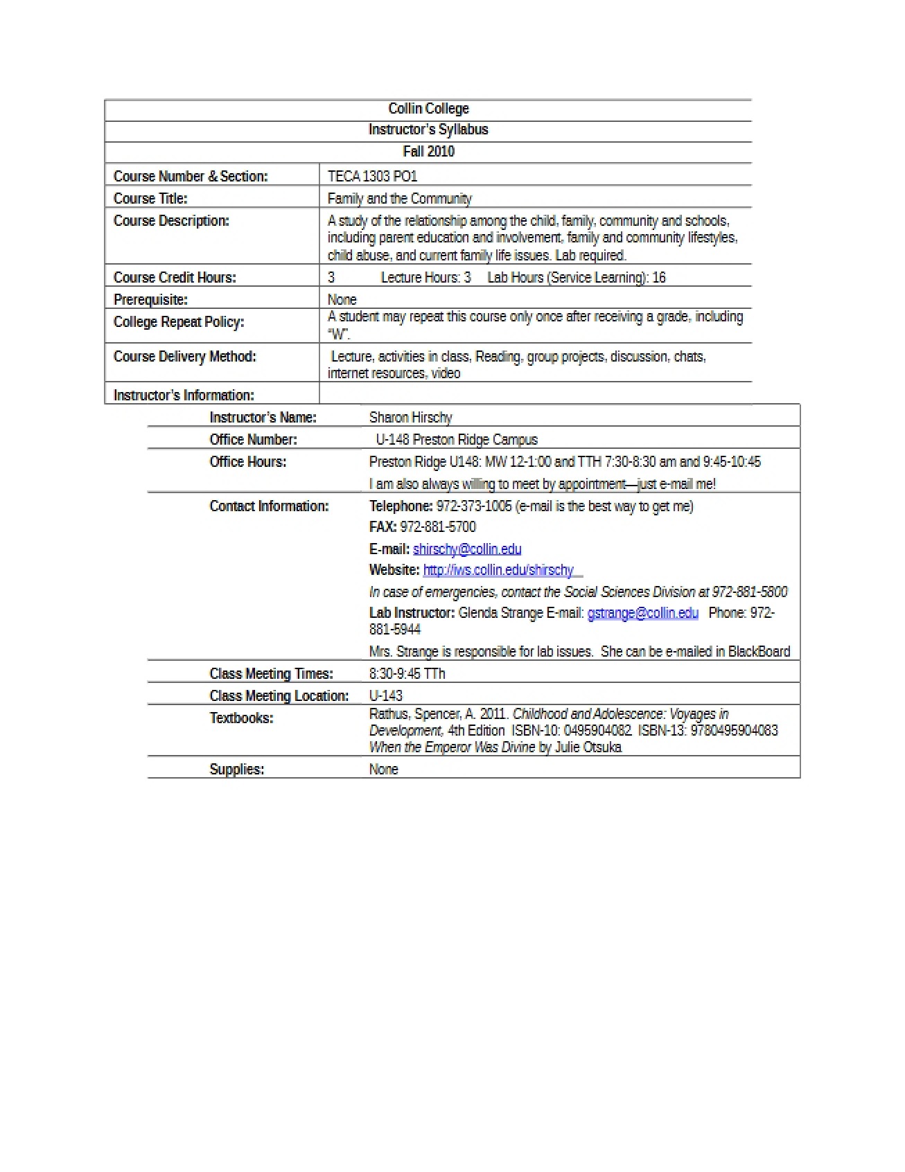 Fall 2010 Syllabus for TECA 1303