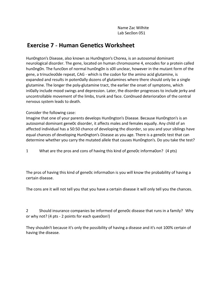 Worksheet on Human Genetics