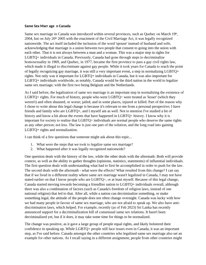 A Step Towards the Legalization of Same-Sex Marriage in Canada
