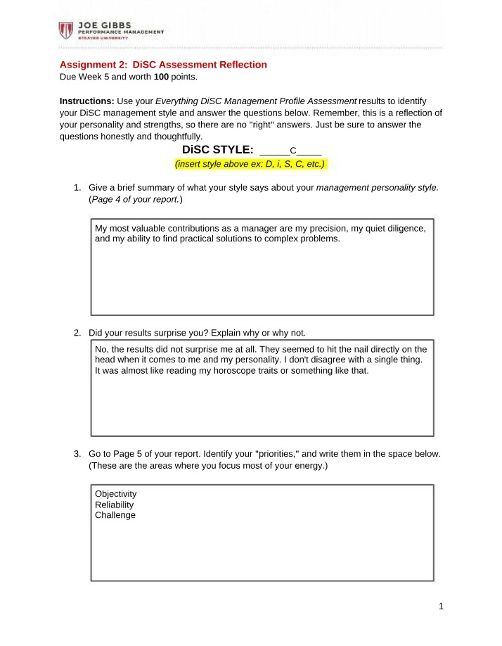 DiSC Assessment Reflection - Assignment 2