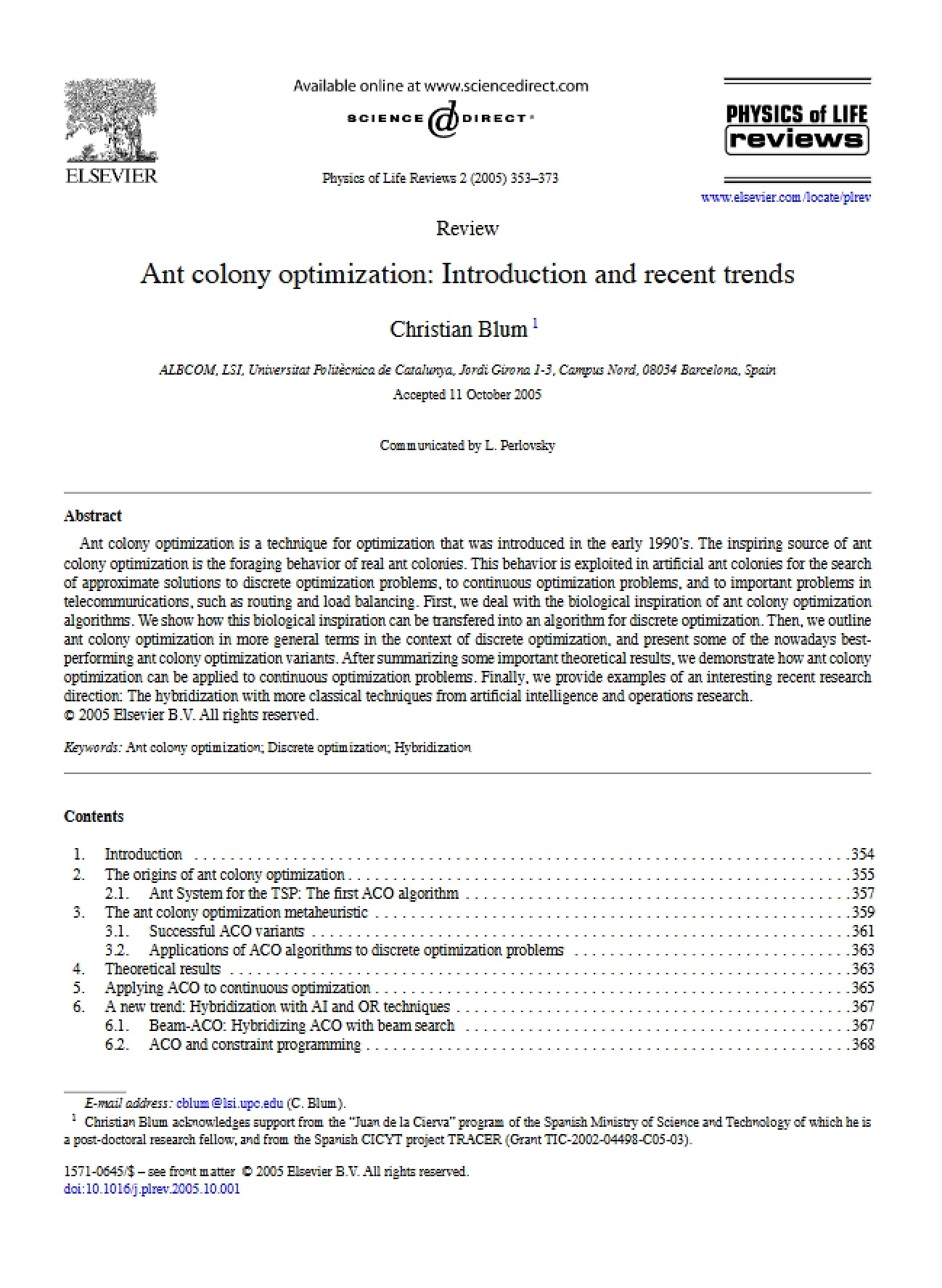 Optimization via Ant Colony