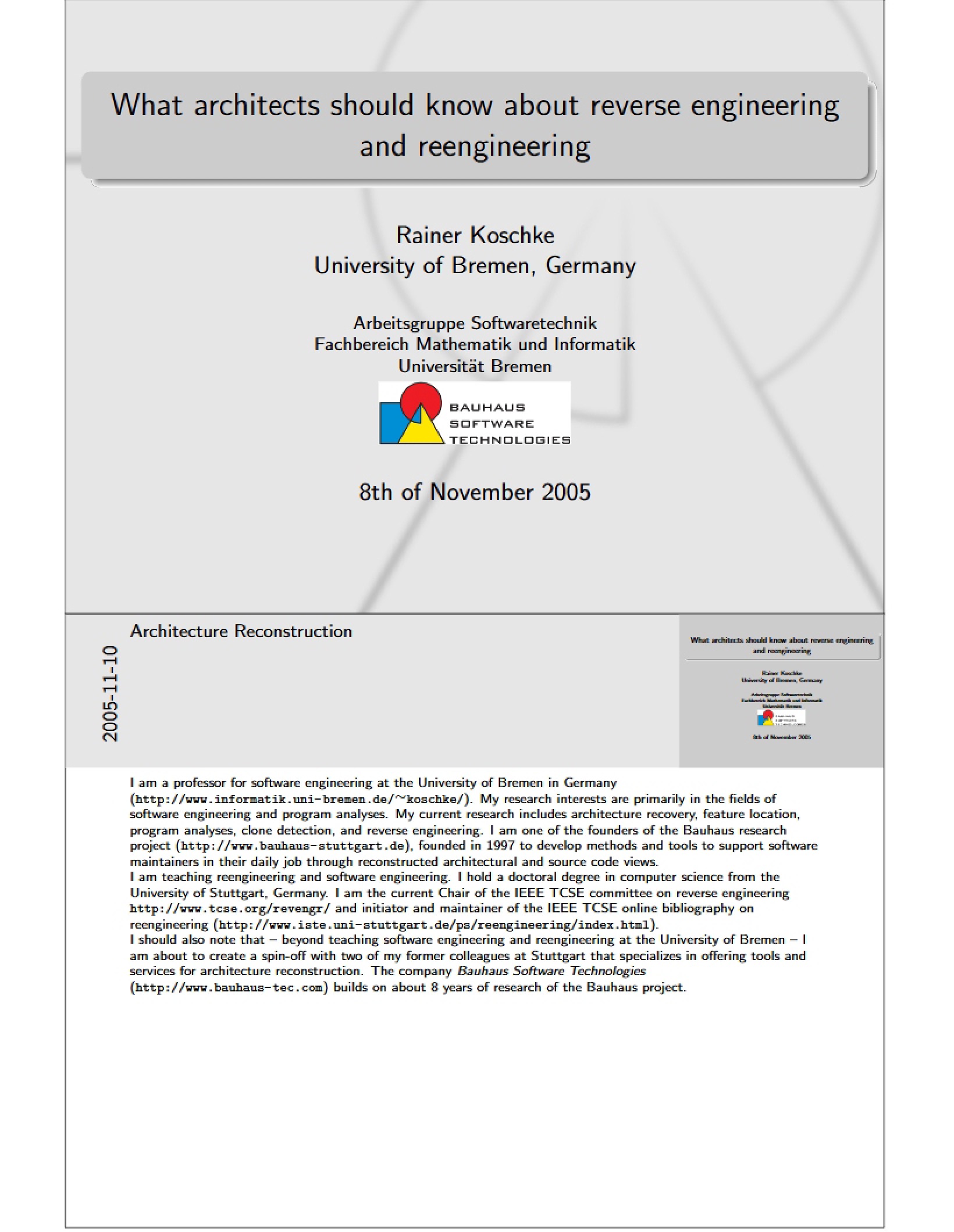 Reverse Engineering and Reengineering for Architects