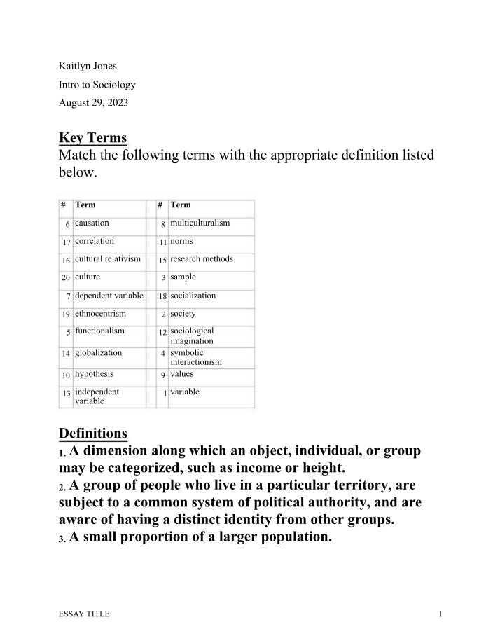 Key Terms and Review Questions for Sociology