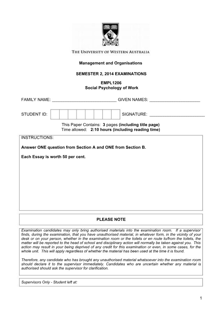 2014 Exam - Social Psychology of Work