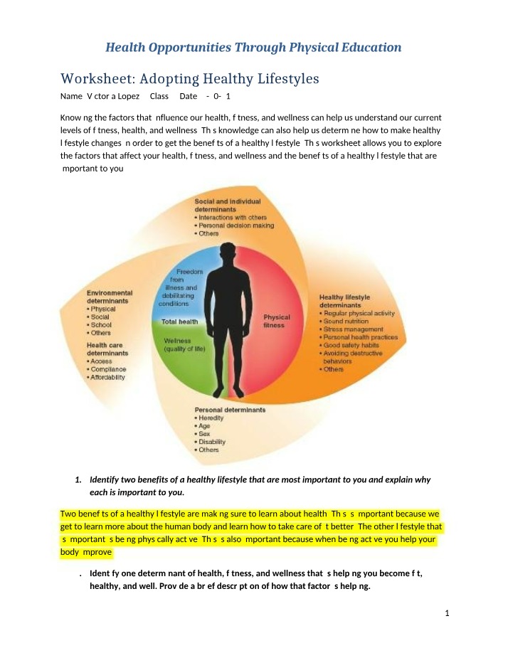 Worksheet - Adopting Healthy Lifestyles