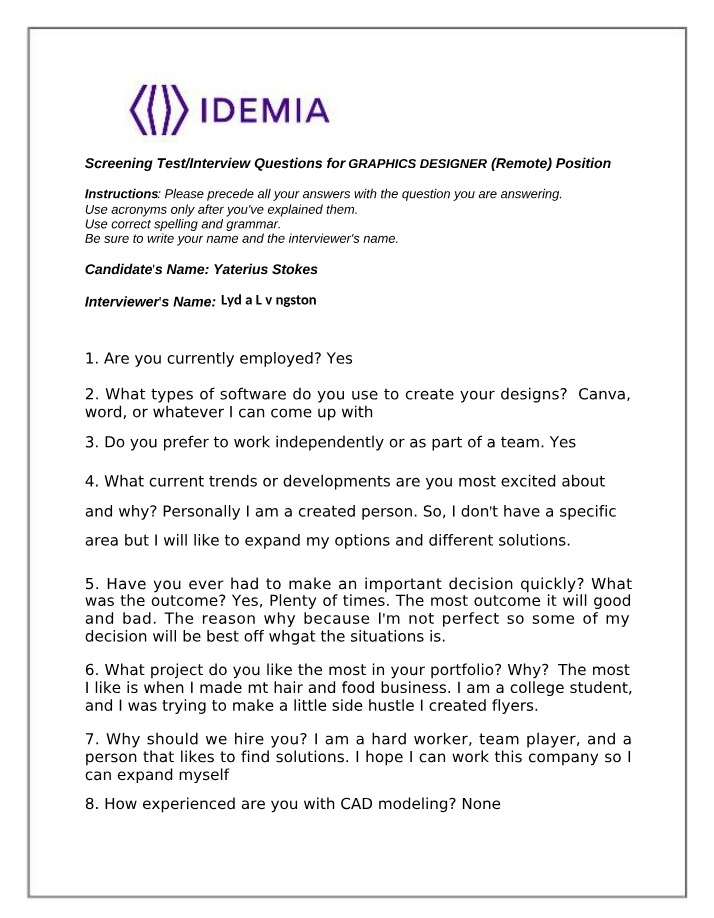 Screening Questions for IDEMIA Graphics Designer