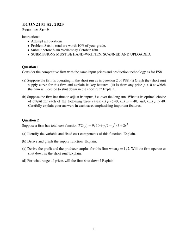 Problem Set 9 - ECON2101 S2 2023