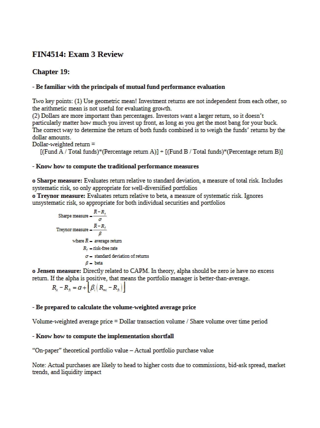 Third Exam Review for Portfolio Management