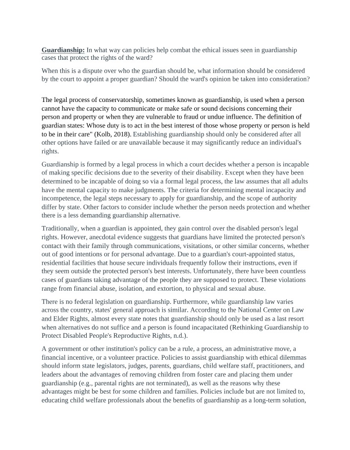 Guardianship - Legal Process, Ethical Issues, and Policy Recommendations