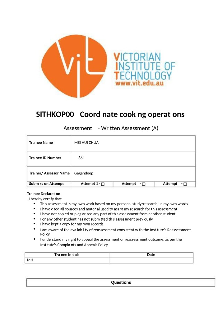 SITHKOP005 Written Assessment Part 1