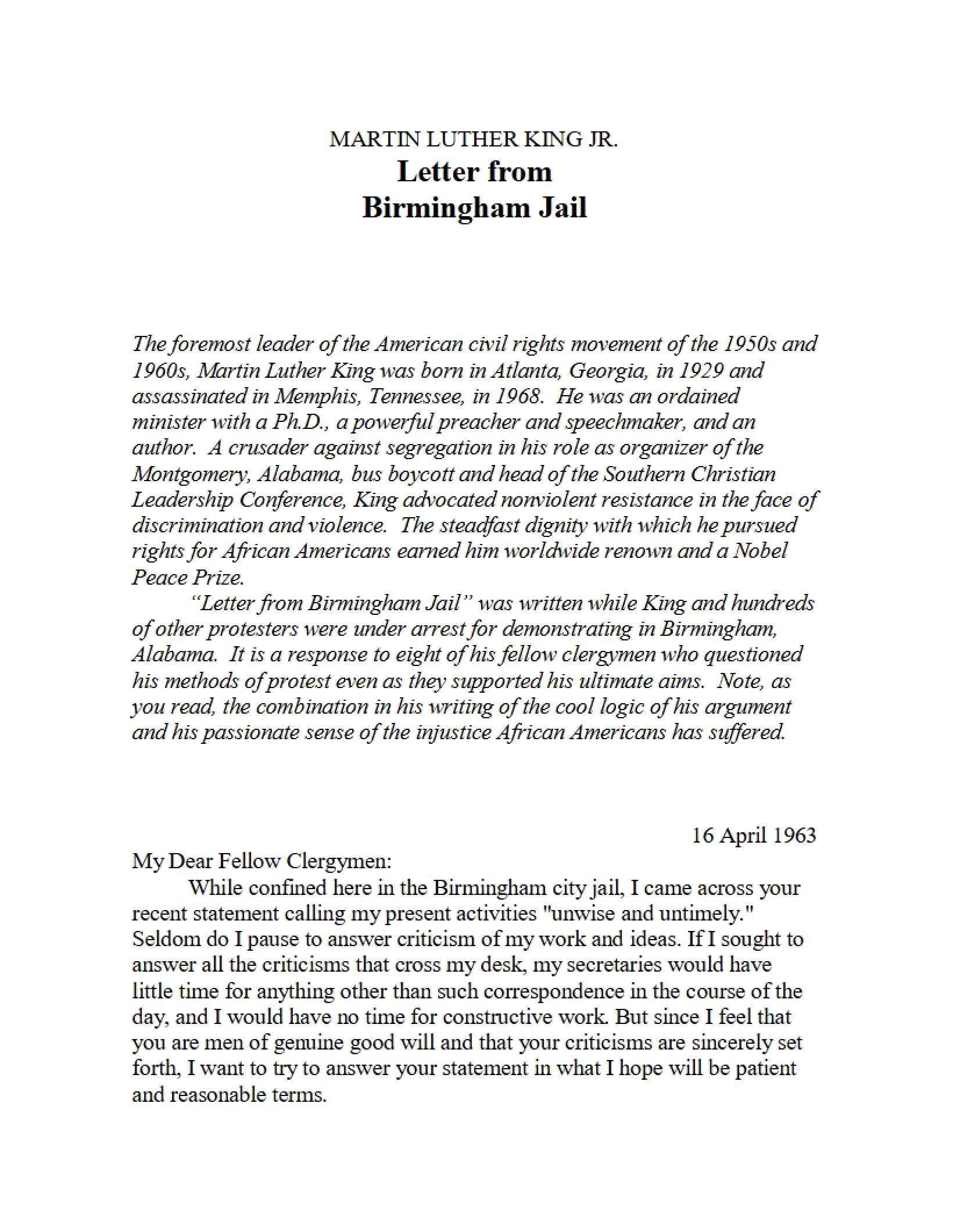 Letter from Birmingham Jail Analysis