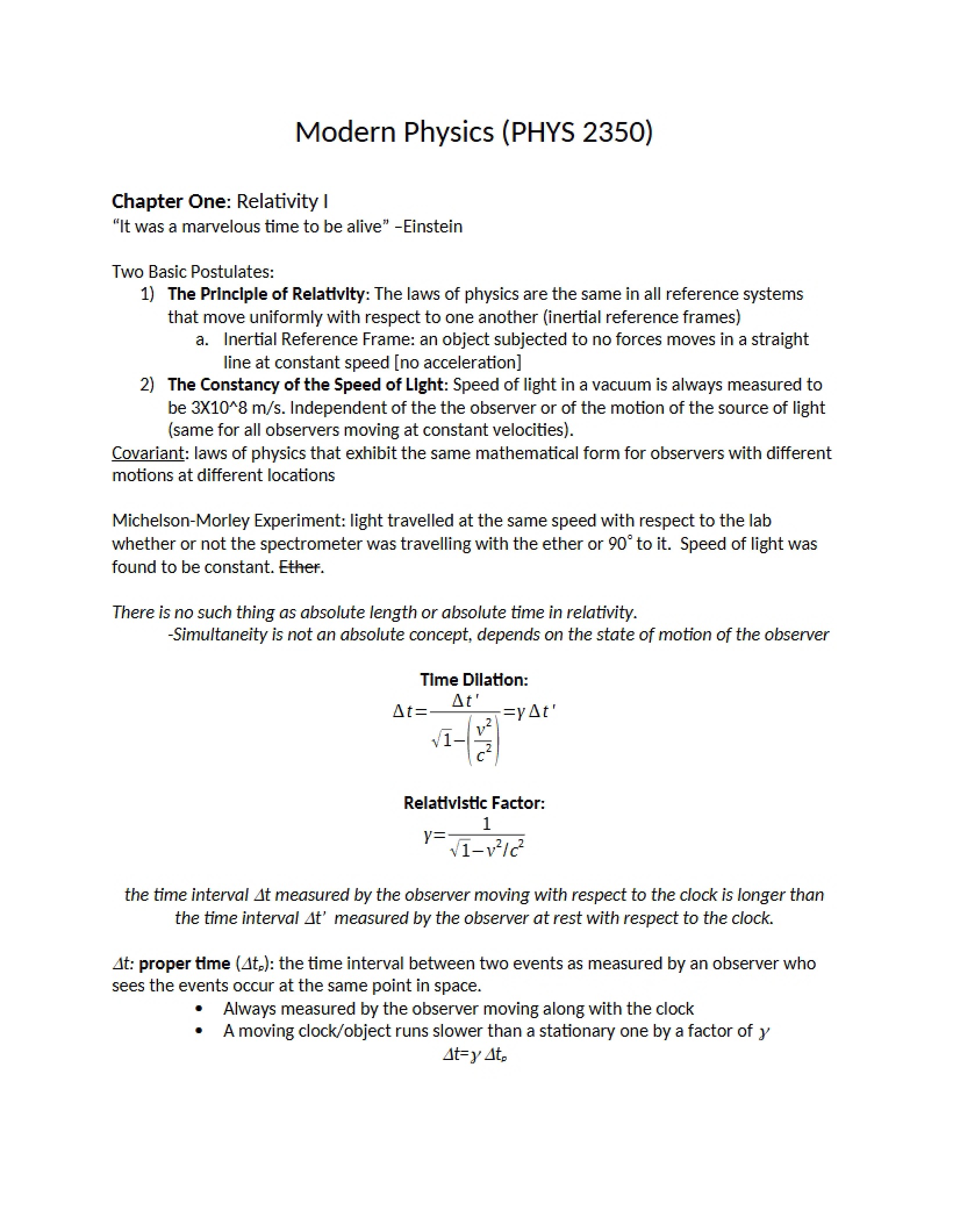 Chapter One Relativity I