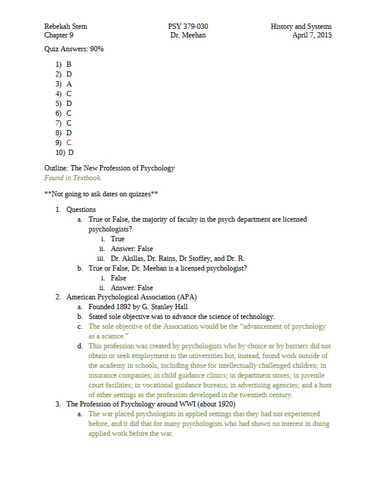 Study Guide for the History and Systems of Psychology