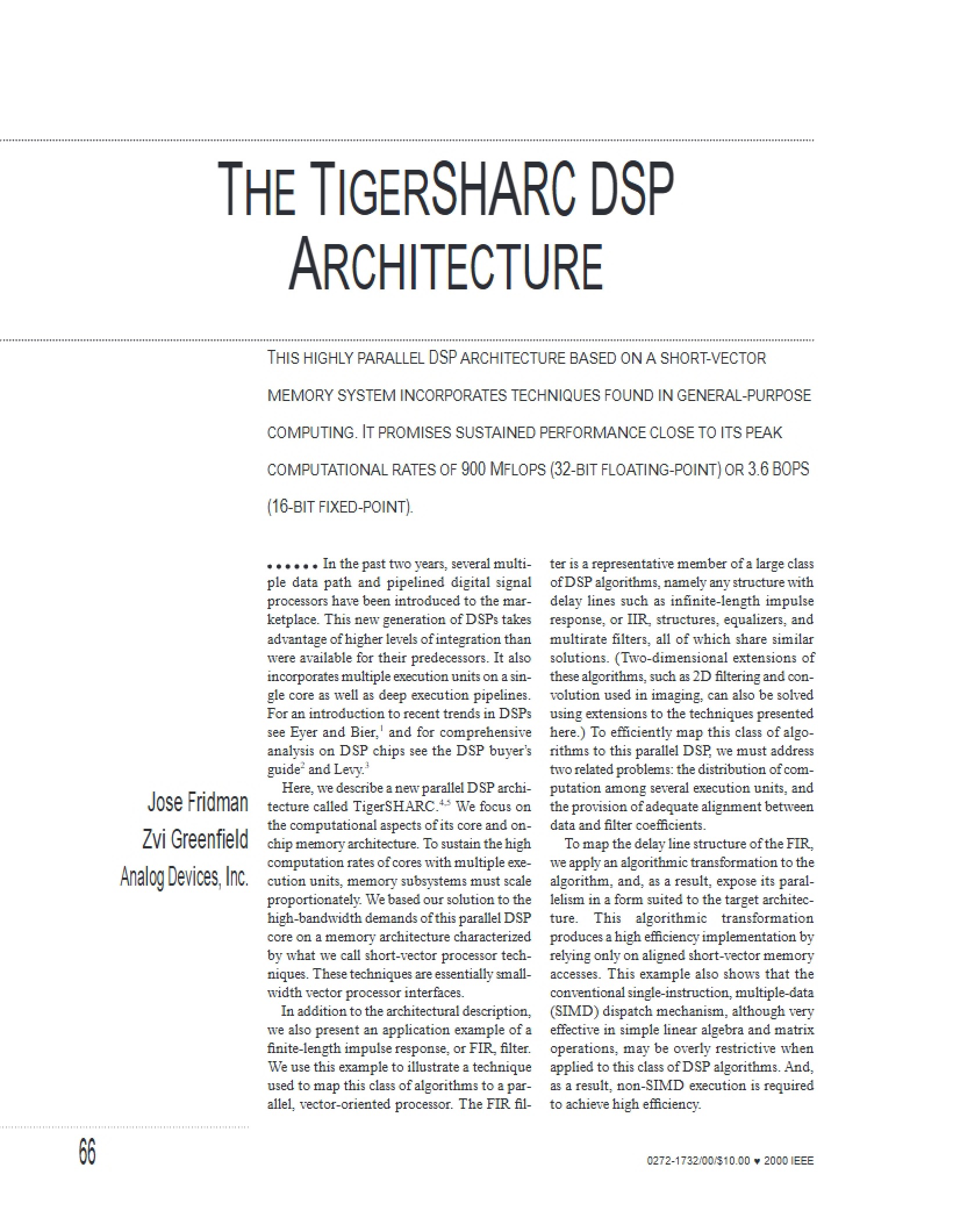 Architecture of the TigerSHARC DSP