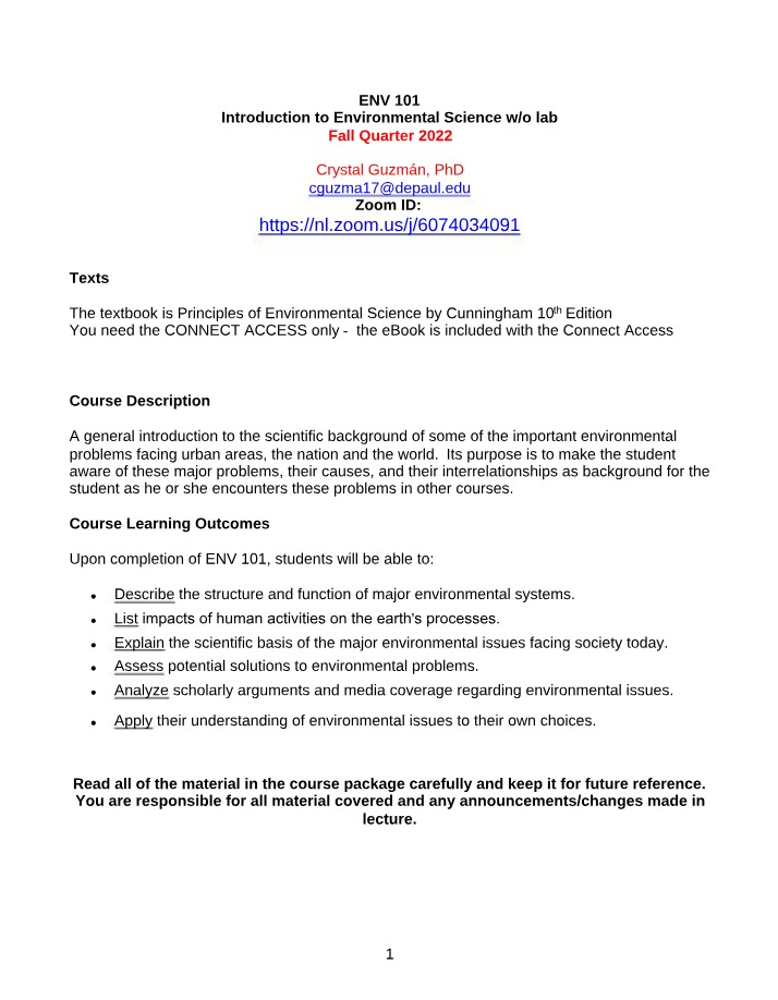 ENV101 Course Syllabus and Schedule
